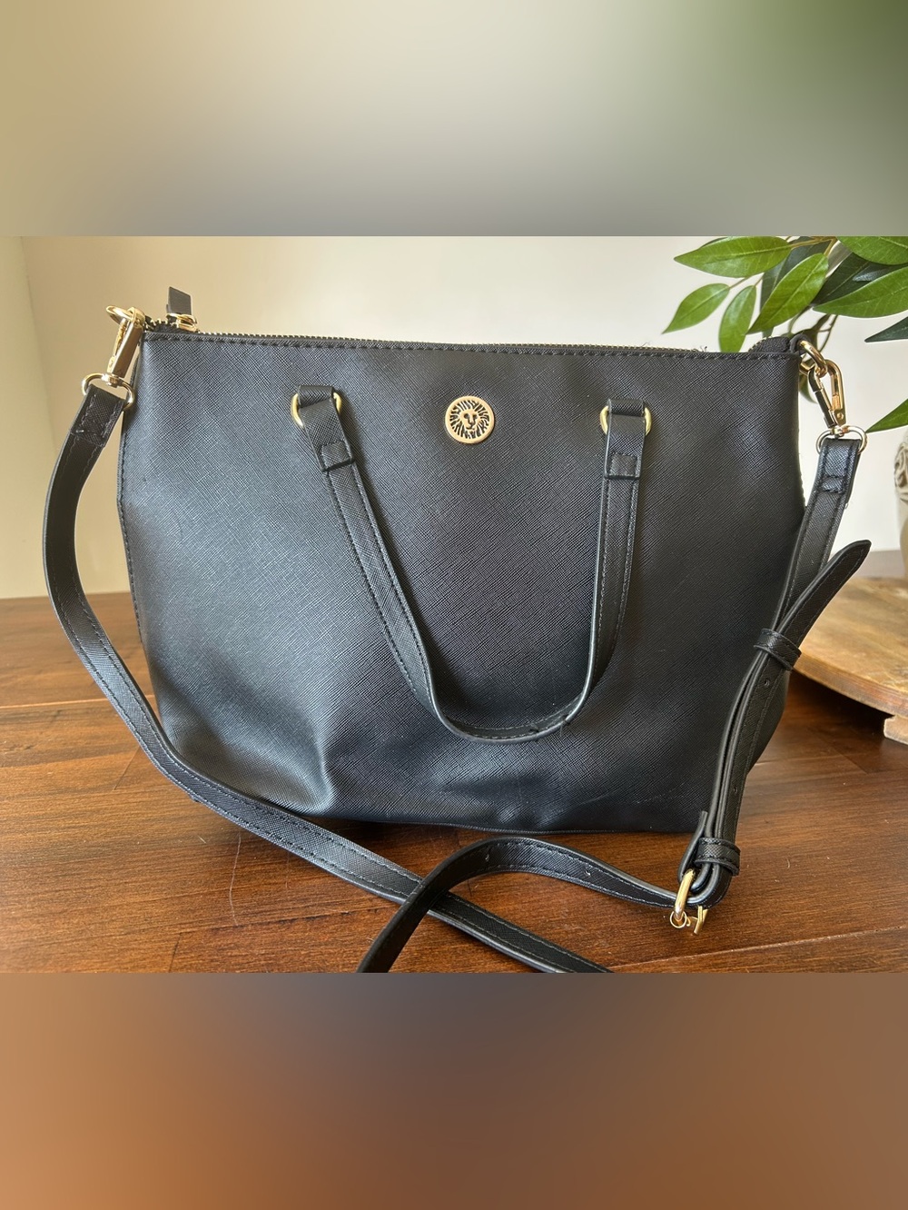 Anne Klein Black Saffiano Leather Convertible Satchel Bag Gold Hardware